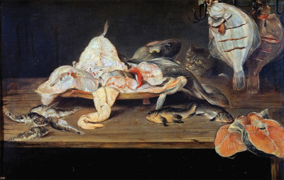 ₴ Картина натюрморт відомого художника від 192 грн.: Рибний натюрморт з котом