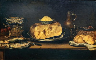 ₴ Картина натюрморт відомого художника від 161 грн.: Стіл з посудом, сиром, ковбасою і рибою
