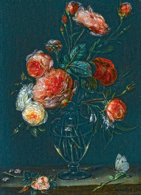 ₴ Репродукція натюрморт від 200 грн.: Троянди у скляній вазі на кам'яному виступі з метеликом