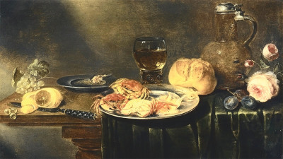 ₴ Репродукция натюрморт известного художника "Розы, кувшин, буханка хлеба, заполненный бокал, две тарелки с креветками и крабами, нож, частично очищенный лимон и виноград на частично драпированном столе"