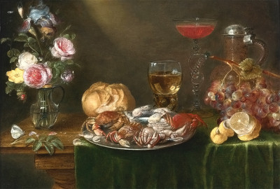 ₴ Репродукция натюрморт от 217 грн.: Блюдо с крабами и креветками, стеклянный кувшин с цветами