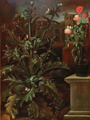 ₴ Репродукція натюрморт від 288 грн.: Великий чортополох, поряд ваза з квітами