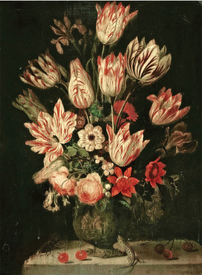 ₴ Репродукція натюрморт від 200 грн.: Тюльпани та інші квіти у вазі на мармуровому виступі зеленою ящіркою