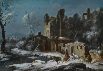 ₴ Репродукция пейзаж от 381 грн.: Зимний пейзаж с путешественниками в санях перед руинами