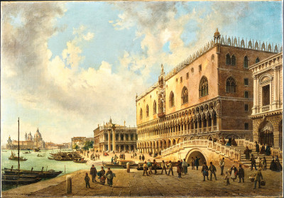 ₴ Репродукція міський пейзаж від 223 грн.: Палац Дожів, п'яццетта та Бібліотека у Венеції, з Санта-Марія-делла-Салюте на відстані