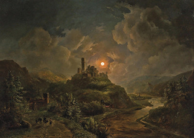 ₴ Репродукция пейзаж от 175 грн: Лунная ночь с руинами замка и городом у реки
