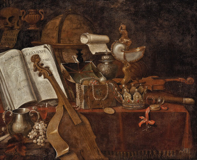 ₴ Репродукція натюрморт від 253 грн.: Ванітас з відкритою книгою, глобусом, кубком наутилуса, скрипкою та дорогоцінними предметами