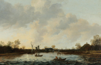 ₴ Репродукция пейзаж от 338 грн.: Речной пейзаж с рыбаками в лодке