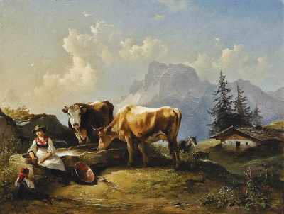 Картина бытовой жанр известного художника от 184 грн.: Доярка с девочкой и двумя коровами на Гранд