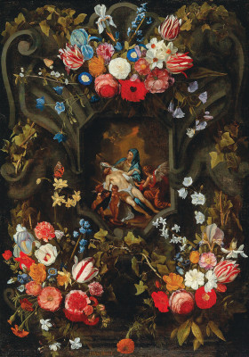 ₴ Репродукция цветочный натюрморт от 331 грн.: Гирлянда цветов, окружающая картуш с Пьетой
