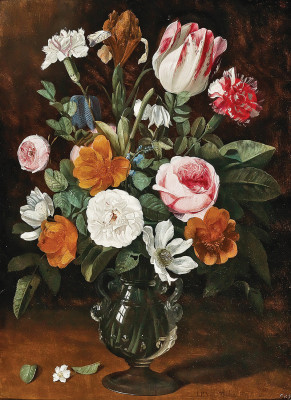 ₴ Репродукція натюрморт від 263 грн.: Троянди, тюльпани, гвоздики, іриси та незабудки у скляній вазі