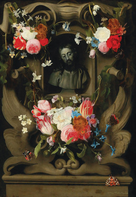 ₴ Репродукція натюрморт від 274 грн.: Гірлянда квітів, що оточує картуш із бюстом Христа