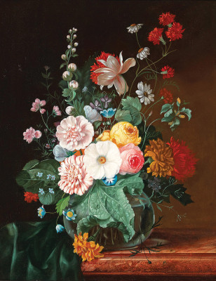 ₴ Репродукція натюрморт від 252 грн.: Квіти у скляній вазі на виступі