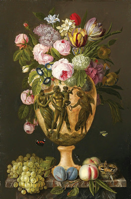 ₴ Репродукция натюрморт от 291 грн.: Цветы в греческой вазе, фрукты и гнездо на мраморном выступе