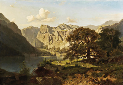 ₴ Репродукція краєвид від 293 грн.: Гірське озеро з пастухами