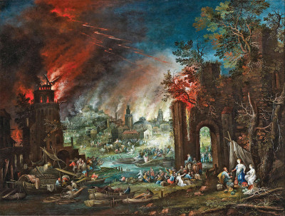 ₴ Репродукция бытовой жанр от 317 грн.: Лот и его дочери на фоне горящего города Содома