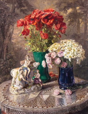 ₴ Репродукция картины натюрморт от 146 грн.: Луговые цветы в двух вазах и фарфоровая Европа на быке
