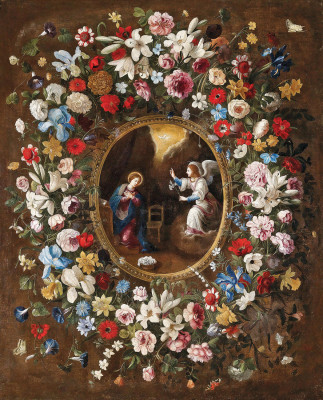 ₴ Репродукція натюрморт від 312 грн.: Гірлянда квітів, що оточує медальйон із зображенням Благовіщення