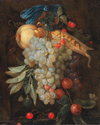 ₴ Репродукція натюрморт від 318 грн.: Висячий букет фруктів, включаючи виноград, грушу та кукурудзу в качанах, з метеликами
