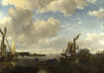 ⚓Репродукція морський пейзаж від 223 грн.: Річкова сцена з голландською яхтою стріляючої салют