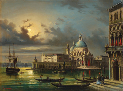 ₴ Картина городской пейзаж высокого разрешения от 180 грн.: Пунта делла Догана и Санта Мария делла Салюте, Венеция в лунном свете