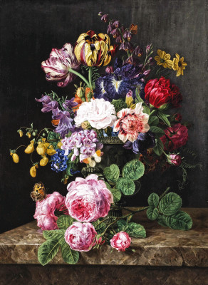 ₴ Репродукция натюрморт от 200 грн.: Троянди, тюльпани, чорні іриси та метелики