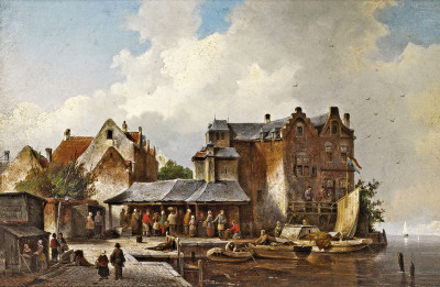₴ Репродукция городской пейзаж от 211 грн.: Рыбный рынок в голландском порту