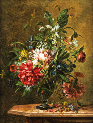 ₴ Репродукція натюрморт від 252 грн.: Квіти у скляній вазі на столі