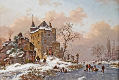 ₴ Репродукция пейзаж от 217 грн.: Фигуристы возле замка в зимний день
