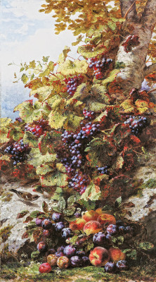 ₴ Репродукція натюрморт від 246 грн.: Виноград, персики, чорнослив та горобець