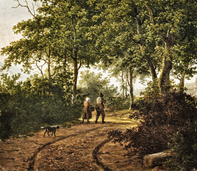 ₴ Репродукція краєвид від 271 грн.: Пара і собака на лісовій стежці