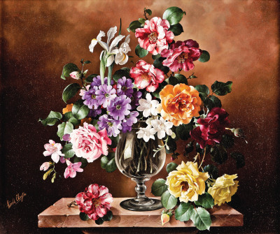 ₴ Репродукція натюрморт від 265 грн.: Троянди, камелії та білі іриси