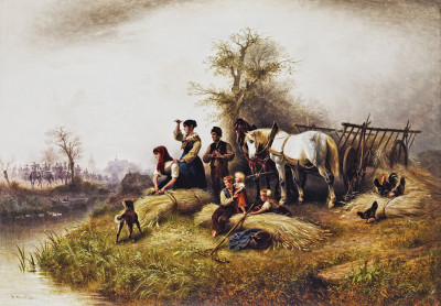 ₴ Репродукція побутовий жанр від 225 грн.: Селянська родина на врожаї зернових спостерігає поїзд кавалерії