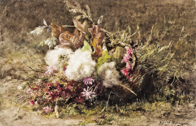 ₴ Репродукция натюрморт от 211 грн.: Осенние цветы в корзине на лесной почве