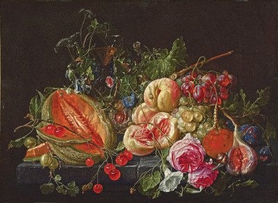₴ Картина натюрморт відомого художника від 242 грн.: Розрізана диня, вишні, агрус, персики, виноград, інжир, сливи, квіти, равлики і комахи на кам'яному виступі