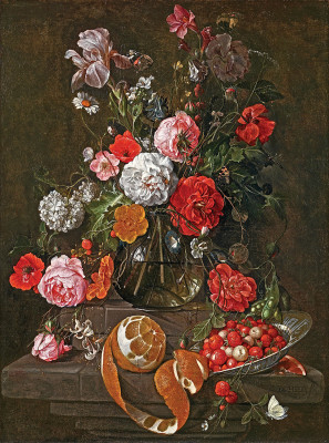 ₴ Репродукція натюрморт від 257 грн.: Троянди, маки, ірис та інші квіти у скляній вазі на кам'яній полиці, з очищеним апельсином та полуницею у блюді Ван-лі