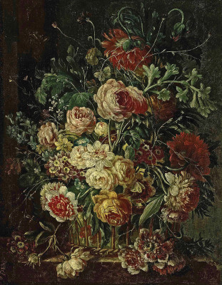 ₴ Репродукція натюрморт від 325 грн.: Троянди, іпомея, гвоздики та інші квіти у кошику на кам'яному виступі