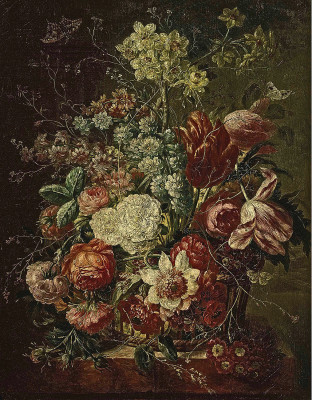 ₴ Репродукція натюрморт від 325 грн.: Троянди, тюльпани папуга, нарциси та інші квіти у кошику на кам'яному виступі