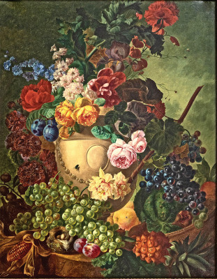 ₴ Репродукція натюрморт від 325 грн.: Квіти, фрукти та пташине гніздо на постаменті
