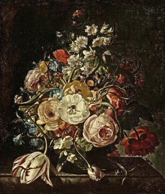 ₴ Репродукция натюрморт от 228 грн.: Розы, тюльпаны, гиацинты, утрення слава и другие цветы в вазе на каменном высупе