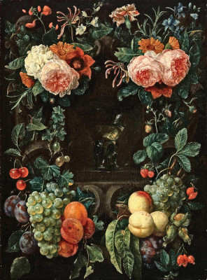₴ Репродукція натюрморт від 348 грн.: Кам'яний картуш з ремером, квітами та фруктами в ніші