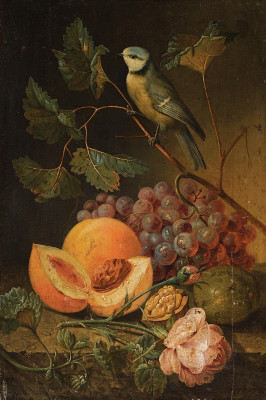 ₴ Репродукция натюрморт от 217 грн.: Виноград и персики с синицей