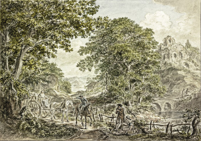 ₴ Репродукция пейзаж от 229 грн.: Лесной пейзаж, слева телега с двумя лошадьми