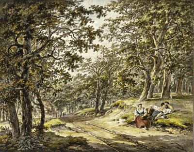 ₴ Репродукція краєвид від 247 грн.: Шлях через ліс повз садибу, попереду відпочиваючі фермер і дружина фермера зі своїми кошиками