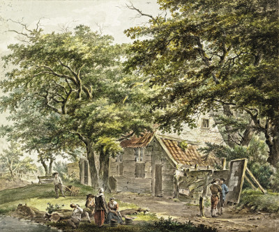 ₴ Репродукція краєвид від 259 грн.: Ферма під деревами, зліва чоловік з тачкою