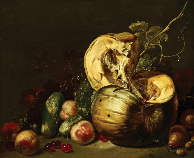 ₴ Репродукція натюрморт від 259 грн.: Гарбуз, персики, виноград, вишні та інші овочі