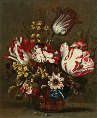 ₴ Репродукция натюрморт от 237 грн.: Тюльпаны и другие цветы в стеклянной вазе