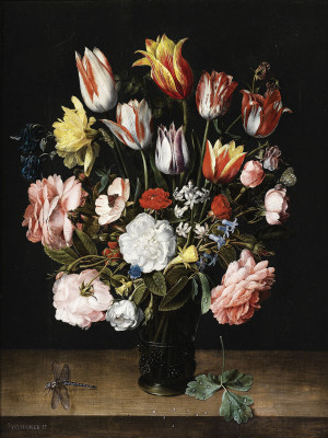 ₴ Репродукція натюрморт від 257 грн.: Тюльпани, троянди, дзвіночки, нарциси, півонії та інші квіти у скляній вазі на дерев'яному виступі зі бабкою