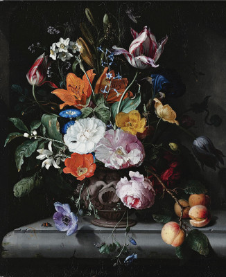 ₴ Репродукція натюрморт від 405 грн.: Квіти та гілка персика у скульптурній вазі, що стоїть на виступі