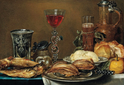 ₴ Репродукція натюрморт від 223 грн.: Сніданок з рибою, хлібом, олією та лимоном перед глечиком з бокалами та срібною чашкою